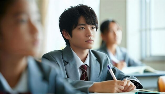 教室で真剣に授業を受けるブレザーを着た男子生徒