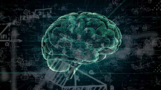 A human brain is surrounded by complex mathematical equations and abstract graphs representing deep thought and problem solving for scientific breakthroughs