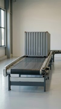 Shipping Container Transported on Automated Conveyor Belt System Inside Industrial Logistics Warehouse