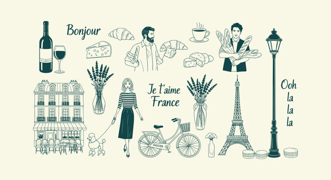 French Culture and Travel Symbols Vector Collection with Eiffel Tower Baguettes Wine and People.