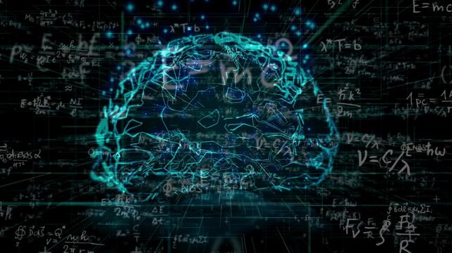 A human brain is surrounded by complex mathematical equations and abstract graphs representing deep thought and problem solving for scientific breakthroughs