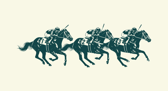 Professional horse racing competition with three jockeys and thoroughbred horses vintage vector art.