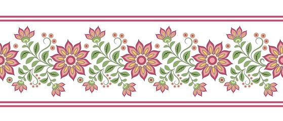A seamless border with decorative flowers, branches, and leaves in pastel pink and green tones with a black outline, on a white background. Retro floral ornament. © Lukeriya