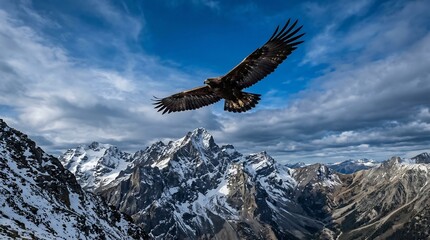 Fototapeta premium majestic golden eagle soaring over rugged snowy mountains under dramatic sky