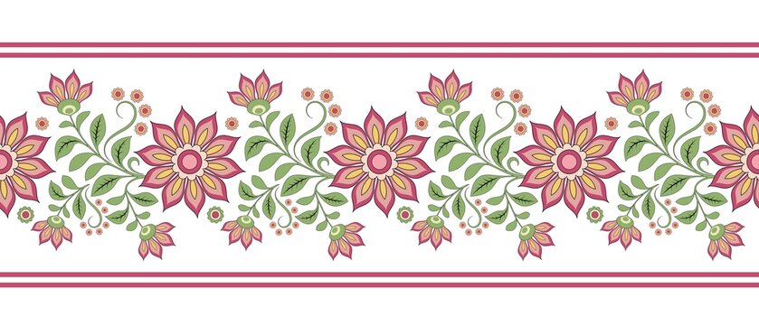 A seamless border with decorative flowers, branches, and leaves in pastel pink and green tones with a black outline, on a white background. Retro floral ornament.