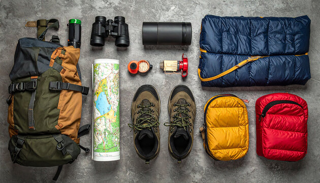 flat lay of camping gear  like a backpack  thermos  binoculars  sleeping back  hiking