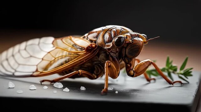 Golden cicada close-up on dark gray surface with salts and sprigs of herbs, blurred backdrop