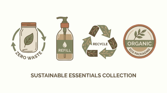Sustainable living eco-friendly products collection with refill and recycling.