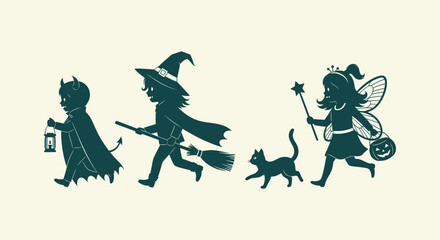 Silhouette of children in Halloween costumes witch devil and fairy walking with a cat and lantern