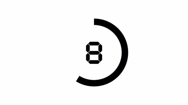 Digital second countdown timer animation 10 to 0 seconds with circular progress bar, 4k video animation seamless loop