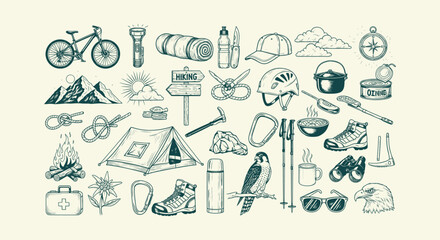 Obraz premium Vintage Hand Drawn Hiking and Camping Equipment Illustration Set for Outdoor Adventure and Trekking