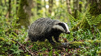 wet badger shaking water off its fur in a green mossy forest