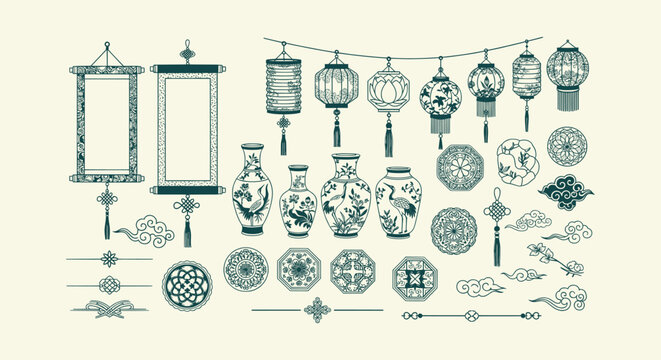 Traditional Chinese Cultural Decorative Elements Set of Lanterns Vases Scrolls and Auspicious Clouds