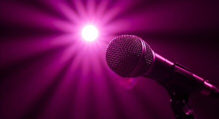 Obraz premium Dynamic close-up of a professional condenser microphone illuminated by a vibrant, dramatic pink spotlight, creating an atmospheric glow for live performance, recording, or public speaking events.