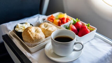 Breakfast Tray with Bagels, Cream Cheese, Coffee, and Fresh Fruit