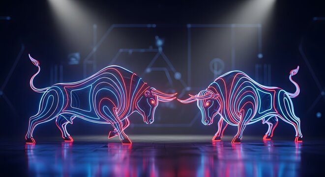 Digital bulls neon clash futuristic arena glowing blue red lights competition