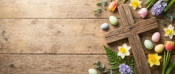 Obraz premium Easter decor: cross, flowers, and colored eggs, created AI
