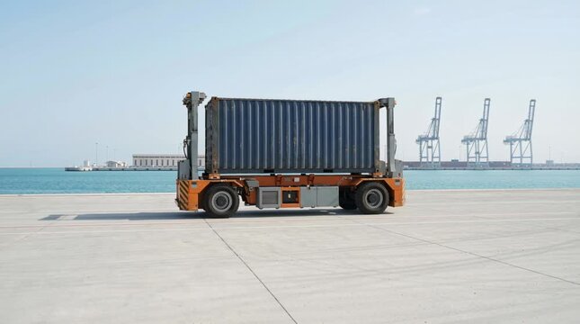 Container transport truck carries a shipping container along a port terminal beside the waterfront. Industrial maritime infrastructure and cargo operations illustrate global logistics and freight move