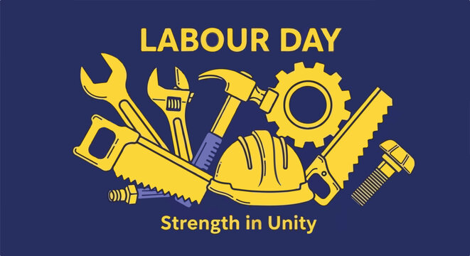 Labour Day celebration with tools and a hard hat, symbolizing strength and unity in the workforce.