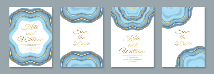 Luxury blue liquid marble backgrounds with golden waves. Wedding invitations, greeting cards, business templates. © Anna R