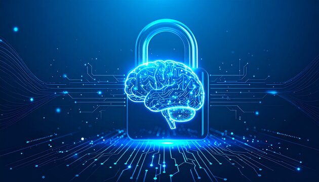 Digital brain lock security concept with glowing neural circuits in futuristic blue tech environment