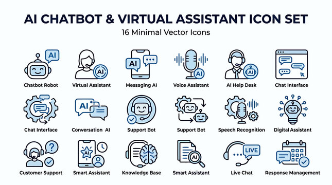AI Chatbot and Virtual Assistant Icon Set - 16 Minimal Vector Icons for Customer Support, Smart Assistants, and Digital Technology