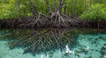 Crystal Clear Lagoon Mangrove Roots Reflection Calm Water