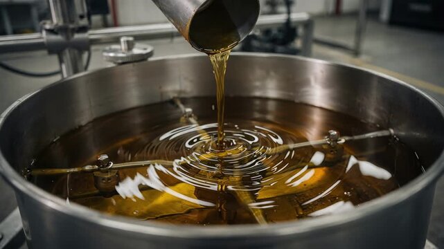 Medium shot of petroleumbased rubber process oil pouring into industrial blender for tire compound preparation highlighting smooth mixing of aromatic and paraffinic oils.