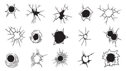 Grunge bullet holes. Cracks of destroyed in concrete, metal, glass. Military elements, gunshot wound and damages. Decorative shooting elements, neoteric vector set © MicroOne