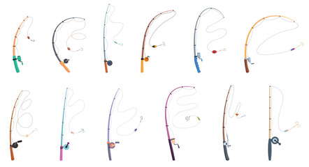 Fishing rods. Cartoon rod with hooks and bobber. Fisherman equipment, spinning, catching fish tools. Isolated accessories for hobby, sapid vector clipart © MicroOne