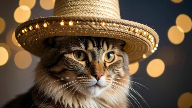 Feline wearing a festive straw hat adorned with lights, posing against a bokeh background