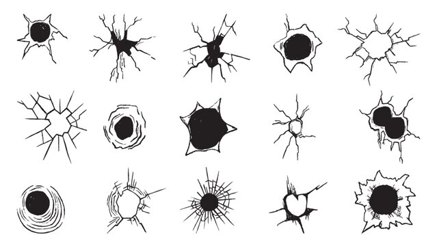 Grunge bullet holes. Cracks of destroyed in concrete, metal, glass. Military elements, gunshot wound and damages. Decorative shooting elements, neoteric vector set