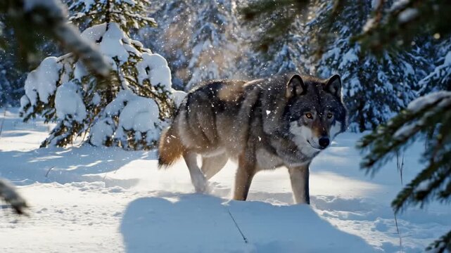 Gray wolf walking through snowy forest, surrounded by snow-covered trees and sunlight filtering through branches, showcasing natural habitat in winter landscape
