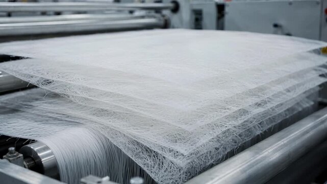 Medium shot showing layered web formation on a carding line stacking multiple fiber sheets to achieve enhanced material strength and thickness in nonwoven fabric manufacturing.