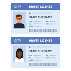 Driver license template. Female male car drivers id cards, identification card, personal document for driving auto or moto with head silhouettes, sapid vector set