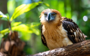 Naklejka premium Majestic Philippine Eagle Resting in Vibrant Greenery at Eye Level Close-Up
