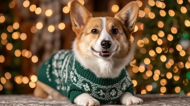 Adorable Corgi Dog Wearing Green Christmas Sweater with Snowflake Pattern in Festive Holiday Setting