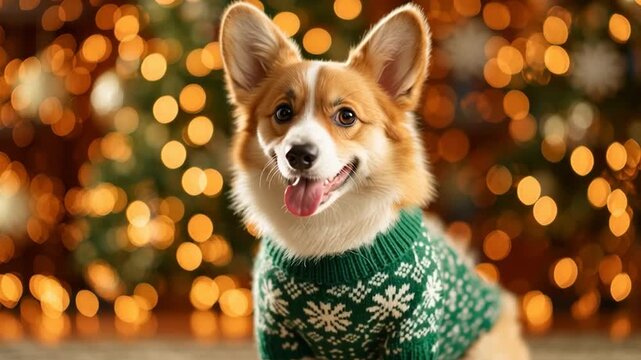 Adorable Corgi Dog Wearing Green Christmas Sweater with Snowflake Pattern in Festive Holiday Setting