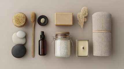 Naklejka premium Minimal Self Care Spa Still Life With Neutral Tones And Natural Wellness Elements. Concept: Self Care, Wellness Lifestyle, Spa Aesthetic, Mindfulness, Beauty And Relaxation