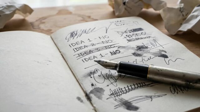 Frustrated writer messy notebook ink pen creative idea failure concept chaotic workspace messy desk journal lived spaces creative block struggle