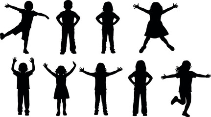 Happy children silhouettes collection showing boys and girls jumping, playing and standing in different poses, playful kids activity set isolated on white background