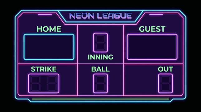 Neon glowing baseball scoreboard template with inning strike ball and out indicators