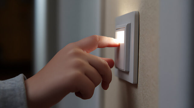 Child's hand press illuminated switch on wall, bright light turn on or off. Concept of energy saving, home automation, and modern living