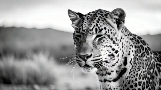 Monochromatic close-up of a leopard's face, focusing on its distinctive spotted coat and intense gaze.