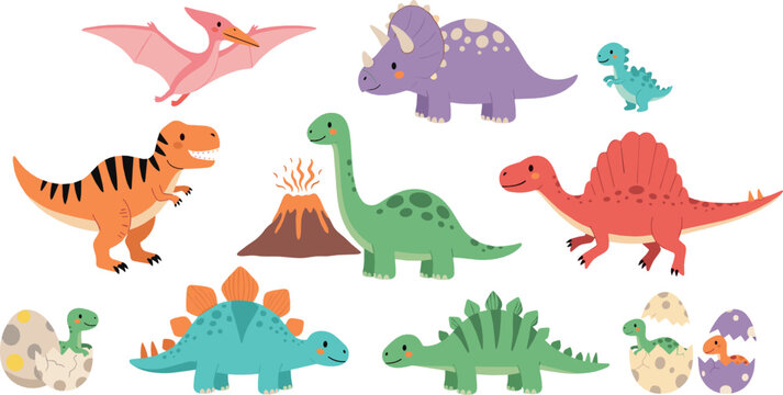 Cute dinosaur vector set with T rex, stegosaurus, triceratops, volcano and baby dino eggs cartoon illustration