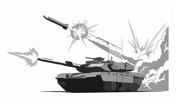 Modern battlefield tank firing cannon with missile explosion vector war illustration