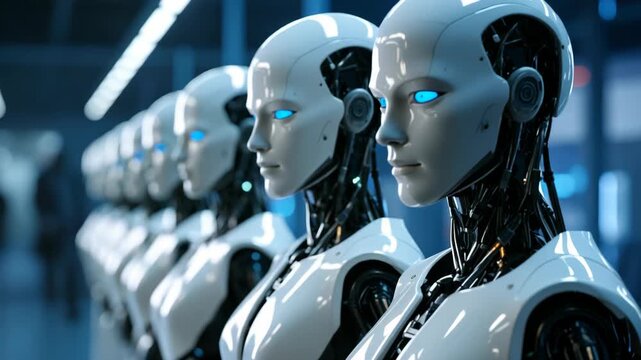 Row of humanoid robots with bright blue eyes in a futuristic clean environment