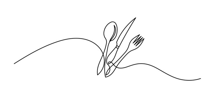 continuous line art of spoon, fork and knife. Vector illustration