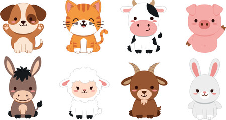 Obraz premium Cute farm animals vector set with dog, cat, cow, pig, donkey, sheep, goat and rabbit cartoon illustration collection