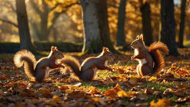 Playful squirrels frolic among autumn leaves in a sunlit forest, showcasing nature's beauty